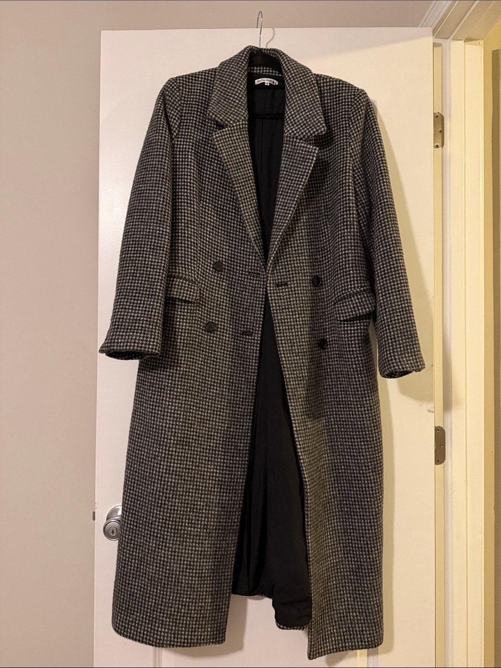 Reformation Black & Gray Houndstooth Double-Breasted Trench Coat